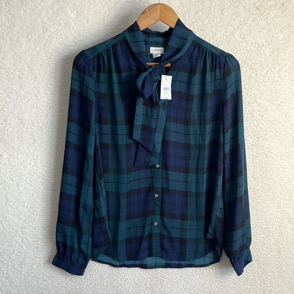 J. Crew Tops - J Crew Button Down Shirt Womens Small Green Blue Tie Neck Blouse Top